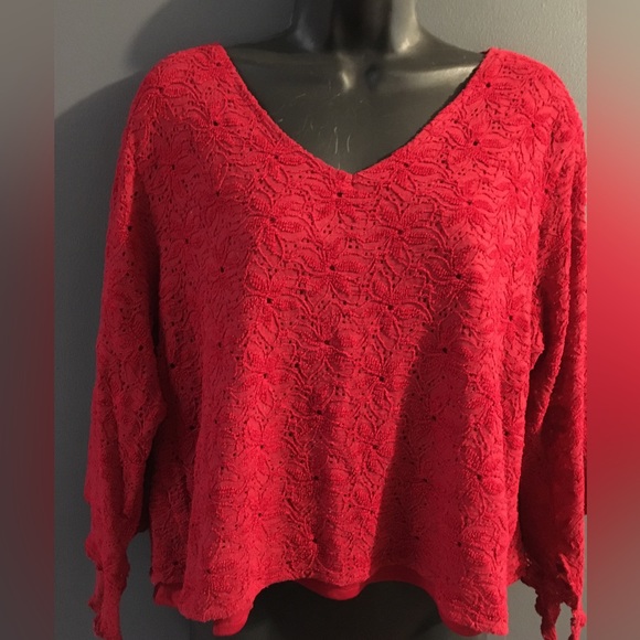 Woman’s red lace over red top with butterfly sleeves - Picture 1 of 8